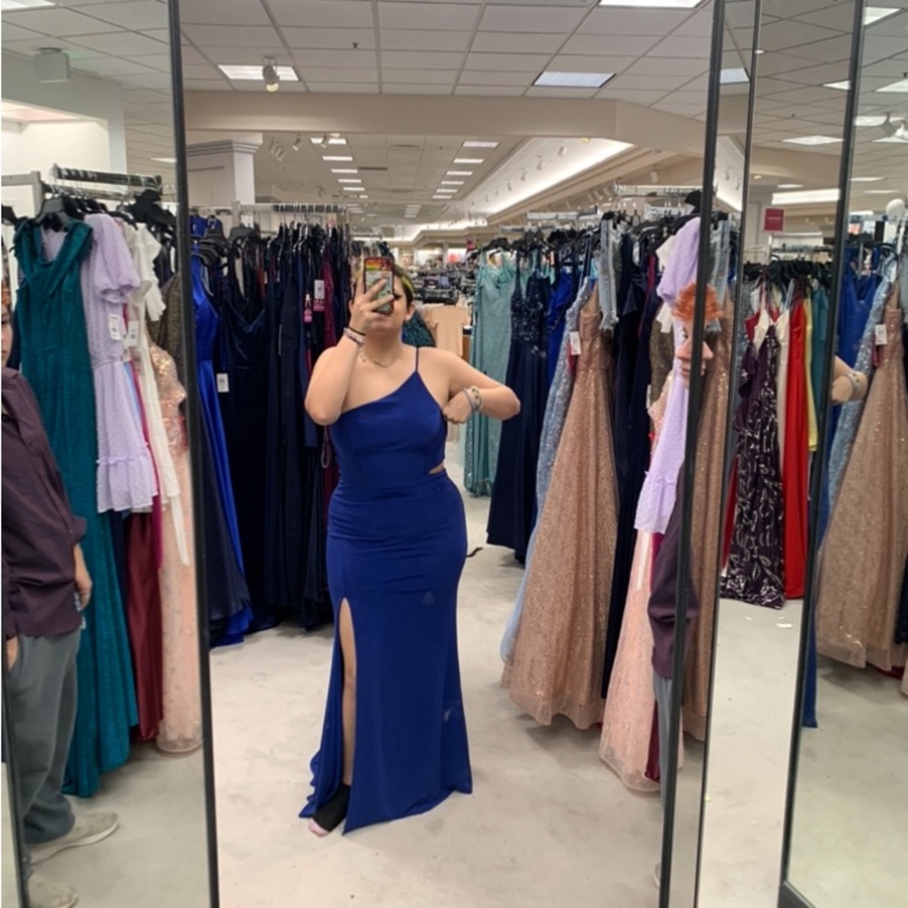 Blue one shoulder prom dress